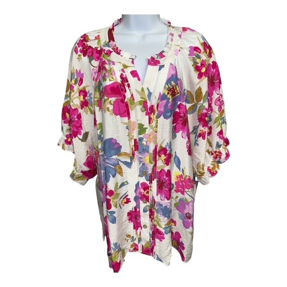 Ali Miles 2X Top Button Up Pink Floral Ruffles Pleats Rayon Nylon Crinkle Fabric